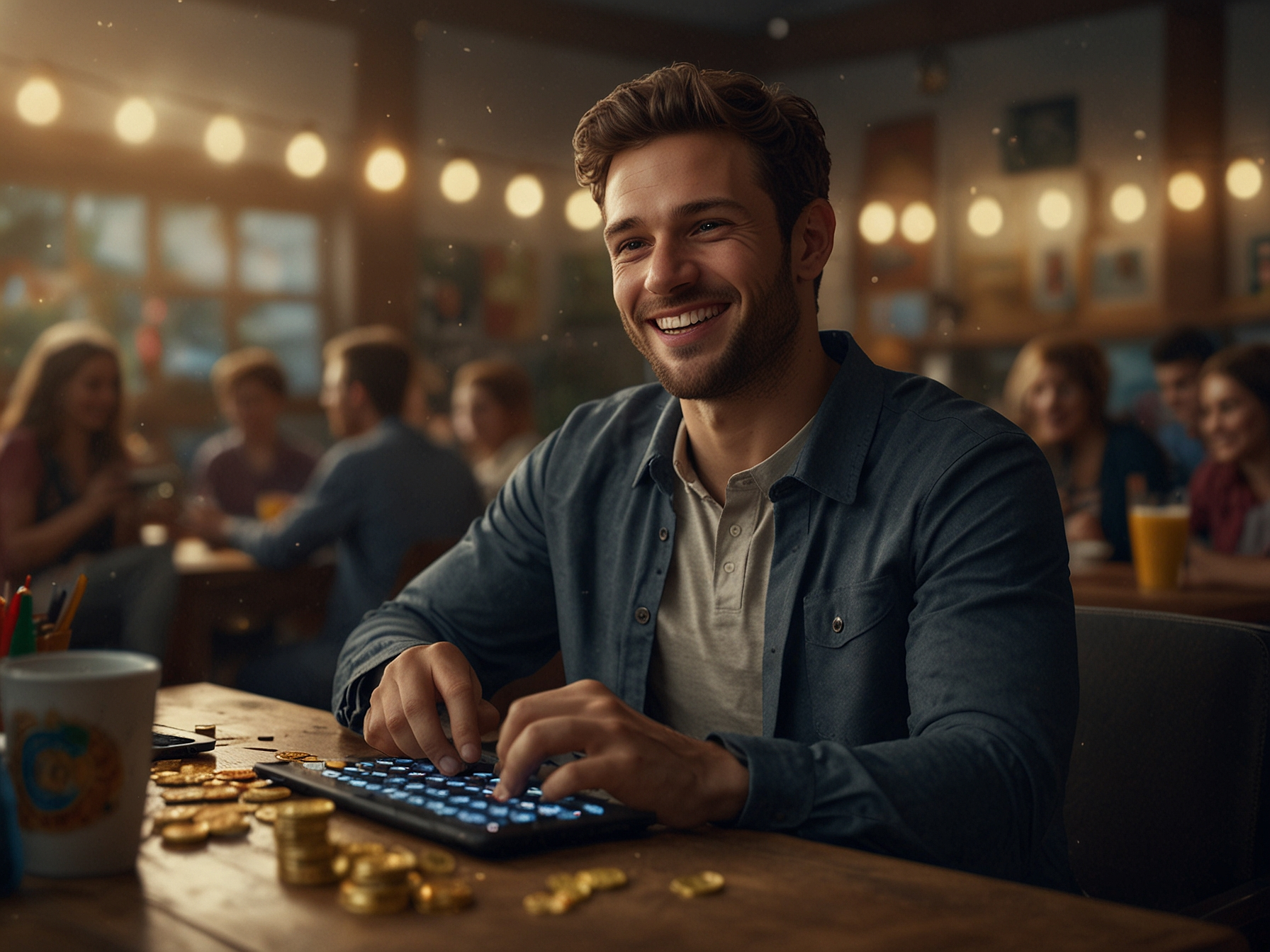 Player celebrating with bonus coins